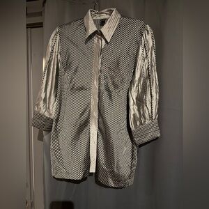 JS Thai Silk Handmade Striped Black and Silver Women's 3/4 Sleeve Blouse